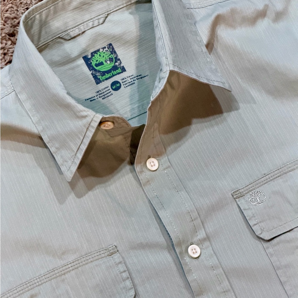 Timberland Shirt Mens Medium Green Solid Short Sleeve Hiking Button Up